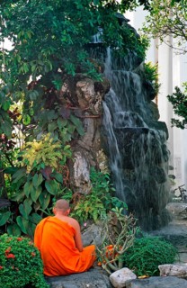 Meditating monk, waterfall, Wat Pho, Bangkok, Thailand, December 2002, vintage, retro, old,