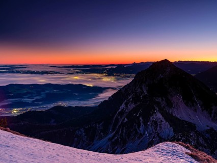 Dawn in the mountains, view of Salzburg with fog, Hochstaufen, Zwiesel, Bad Reichenhall,