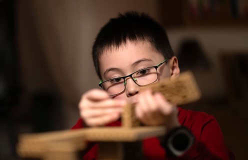 Boy, 6 years, glasses, multi-ethnic, plays concentrated, constructs, builds, Stuttgart,