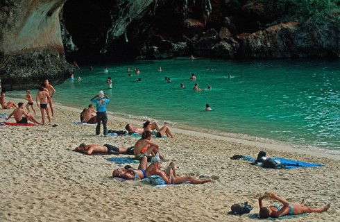 People bathing and sunbathing on Pranang Cave beach, two years in front of the tsunami, Krabi,