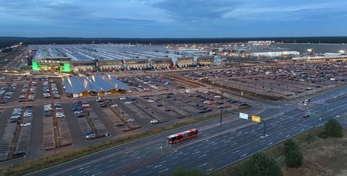 Tesla Gigafactory at the blue hour, Grünheide, 19.12.2025, Grünheide, Brandenburg, Germany