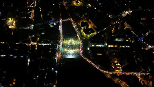 A Drone night view of Aleppo, Syria on December 19, 2025, showing illuminated streets, dense