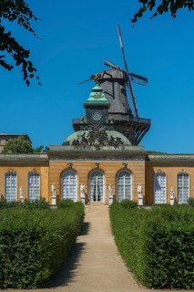 New chambers with historic windmill in Sanssouci Palace, Potsdam, Brandenburg