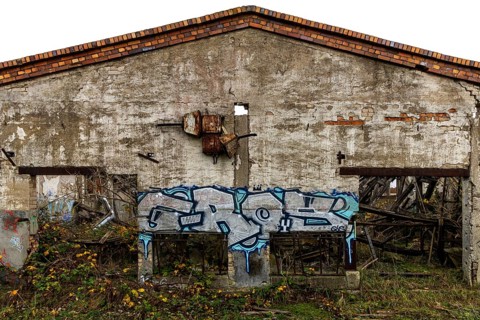 Dilapidated hall with gravity of the dilapidated plant of a former agricultural production