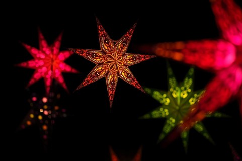Colorful Christmas stars, sales stand, baroque Christmas market, blue hour, dusk, Ludwigsburg,
