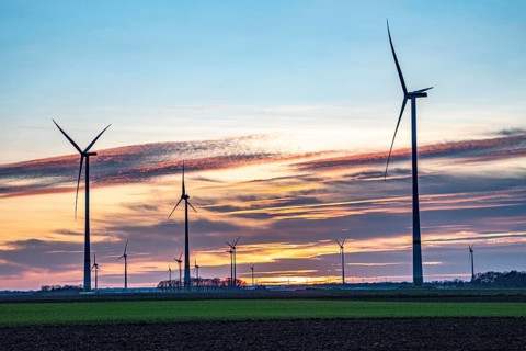 Sunset at Issum wind farm, Lower Rhine, North Rhine-Westphalia, Germany
