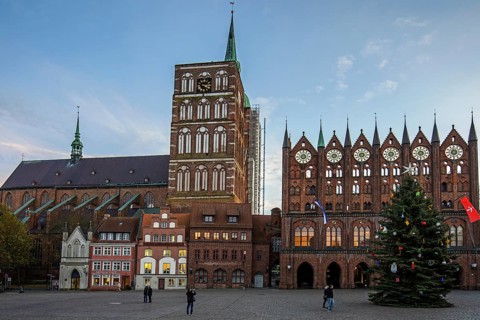 Stralsund medieval town hall, display façade at the Old Market Square, to the left the St. Nicholas
