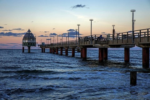 Pier with diving gondola, evening light, Zingst, Fischland-Darß-Zingst, Western Pomerania Lagoon