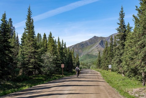 Young woman riding a bicycle on a dirt road through taiga, mountainous landscape, Denali Park Road,