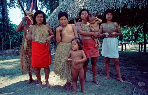 Members of a Yagua tribe near Iquitos on the Amazon pose for photos, Peru, South America, September