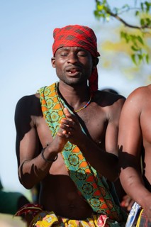 Traditional dance, men of the Hakaona tribe also Havakona or Hakawona, near Opuwo, Kunene, Namibia