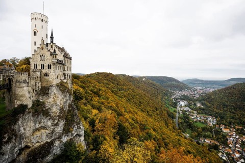 Castle and autumnal forest, Lichtenstein Castle, Honau, Echaz Valley, Swabian Jura,