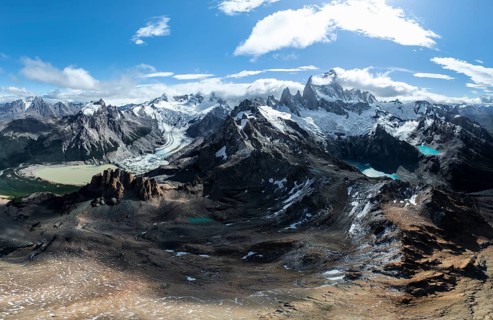 Aerial view, epic panorama, large glaciers, glacial lakes Lago de los Tres Laguna Sucia and Laguna