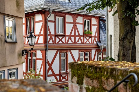 Rustic half-timbered building with wooden elements and lantern, surrounded by gardens, The historic