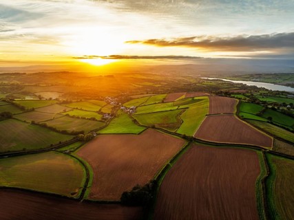 Colours of autumn Fields and Farms over Sheldon from a drone, Torbay, Devon, England, United