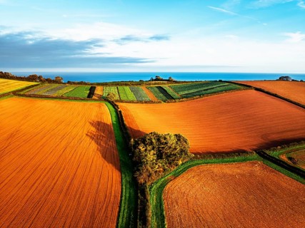 Colours of autumn Fields and Farms over Sheldon from a drone, Torbay, Devon, England, United