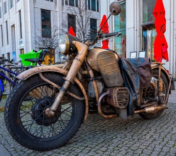 Retro motorcycle with sidecar, old and rusted, roadworthy and officially approved, Berlin, Germany
