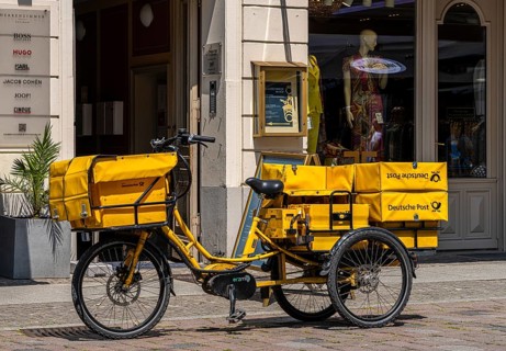 Deutsche Post bicycle loaded with luggage, letter and parcel delivery, Potsdam, Brandenburg,