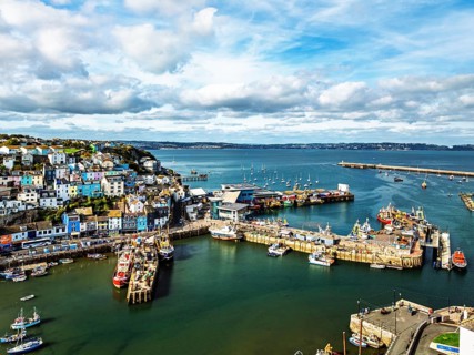 Brixham Hourbour and Brixham Marina from a drone, Brixham, Torbay, Devon, England, United Kingdom