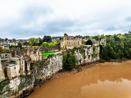 Autumn over Chepstow Castle and River Wye from a drone, Chepstow, Monmouthshire, Wales, UK
