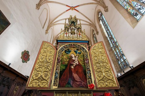 Famous medieval painting, Madonna in the Garden of Roses, by Martin Schongauer, Dominican Church,