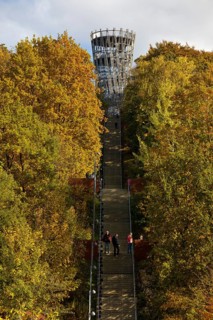View of the Jübergturm with the stairway in Sauerlandpark in autumn, Hemer, Märkischer Kreis,
