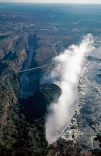 Aerial view, Victoria Falls, Zambezi, Zambezi Bridge, Zimbabwe, Africa, June 2000, vintage, retro,