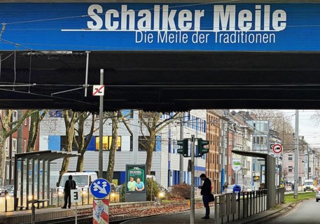 Schalker Meile logo on the A42 motorway bridge, Schalke district exit, Gelsenkirchen, Ruhr area,
