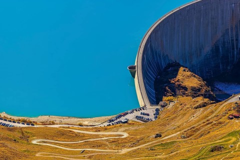 The dam and turquoise lake Lac de Moiry, Val d'Anniviers, Valais Alps, Canton of Valais,