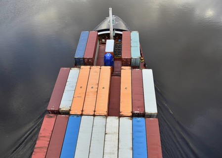 Aerial view of shipping container, container ship NORDIC PORTO photographed from above, Kiel Canal,