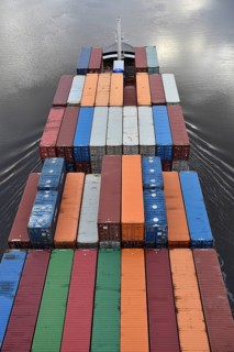 Aerial view of shipping container, container ship NORDIC PORTO photographed from above, Kiel Canal,