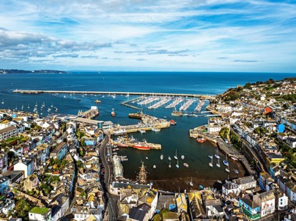 Brixham Hourbour and Brixham Marina from a drone, Brixham, Torbay, Devon, England, United Kingdom