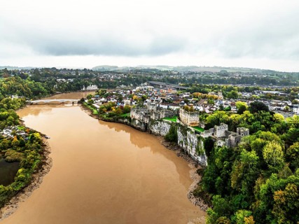 Autumn over Chepstow Castle and River Wye from a drone, Chepstow, Monmouthshire, Wales, UK