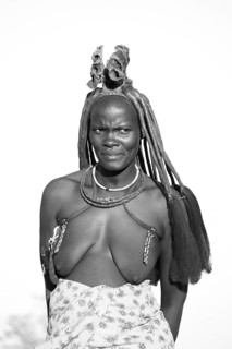 Black and white, portrait, Himba woman, traditional clothing, Kaokoveld, Kunene, Namibia