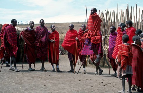 Maasai men showing traditional jumps, Ngorongoro Crater, Tanzania, Africa, June 2000, vintage,