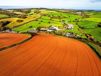 Colours of Devon Farms and Fields over Paignton and Berry Pomeroy from a drone, Totnes, England,