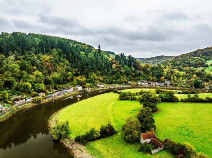 Autumn over Wye Valley and River Wye from a drone, Tintern, Chepstow, Monmouthshire, Wales, UK