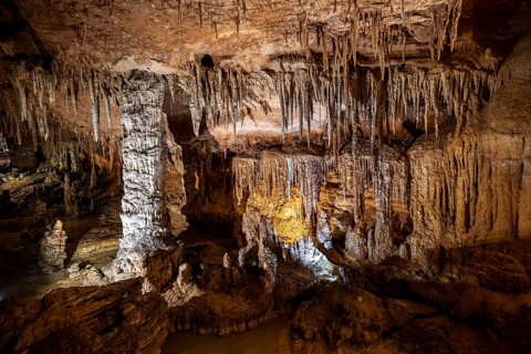Stalactites and stalagmites, rock formations in a stalactite cave, Grotta del Fico, Gulf of Orosei,