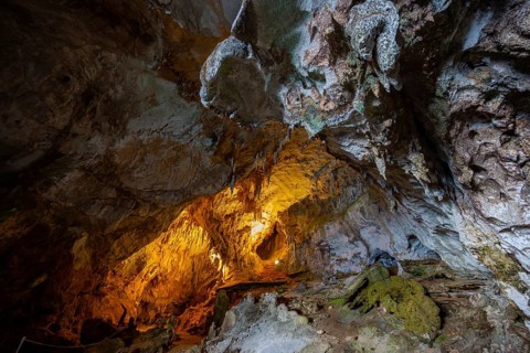 Stalactites and rock formations in a stalactite cave, Grotta del Fico, Gulf of Orosei, Baunei,
