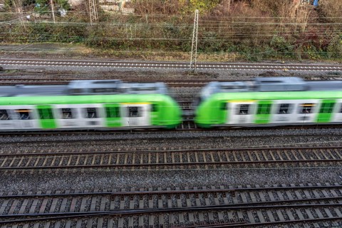 S-Bahn train on the route east, in front of Essen main station, regional transport in North