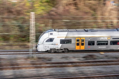 RRX, Rhein-Ruhr-Express, regional traffic, on the route east, in front of Essen main station,