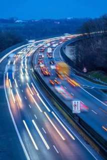 Evening traffic on the A52 motorway, between Düsseldorf and Essen, at the Ruhr Valley Bridge,
