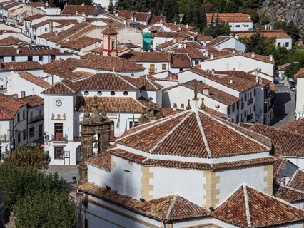 View over the white houses of village Grazalema, Parque natural de la Sierra de Grazalema,