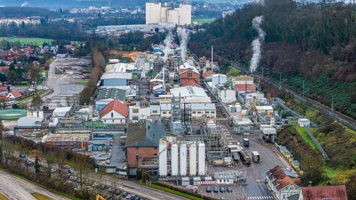 Plant view of the company Solvay Fluor GmbH. The Bad Wimpfen plant of the Belgian chemical company