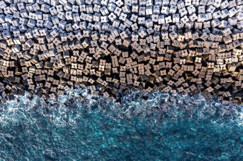 Aerial view, breakwater on the coast, Madeira, Portugal