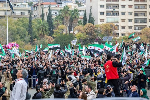 Damascus, Syria – December 08, 2025: A military parade by Syrian army units marking the first