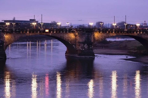Augustus Bridge Dresden in the evening, Elbe with reflection, winter, Saxony, Germany