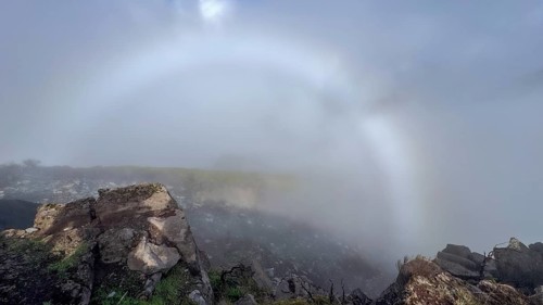 Fog thins, halo, ring of light, atmospheric phenomenon, mountains, Madeira, Portugal