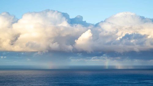 Rainbow over sea, dark rain cloud, rain, Madeira, Portugal