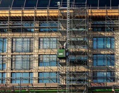 Scaffolding on the façade of the Radisson Hotel Berlin, Karl-Liebknecht-Straße, Berlin, Germany